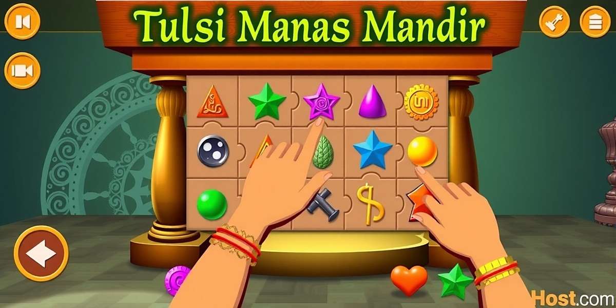 Tulsi Manas Mandir puzzle solving scene showing a player arranging sacred symbols